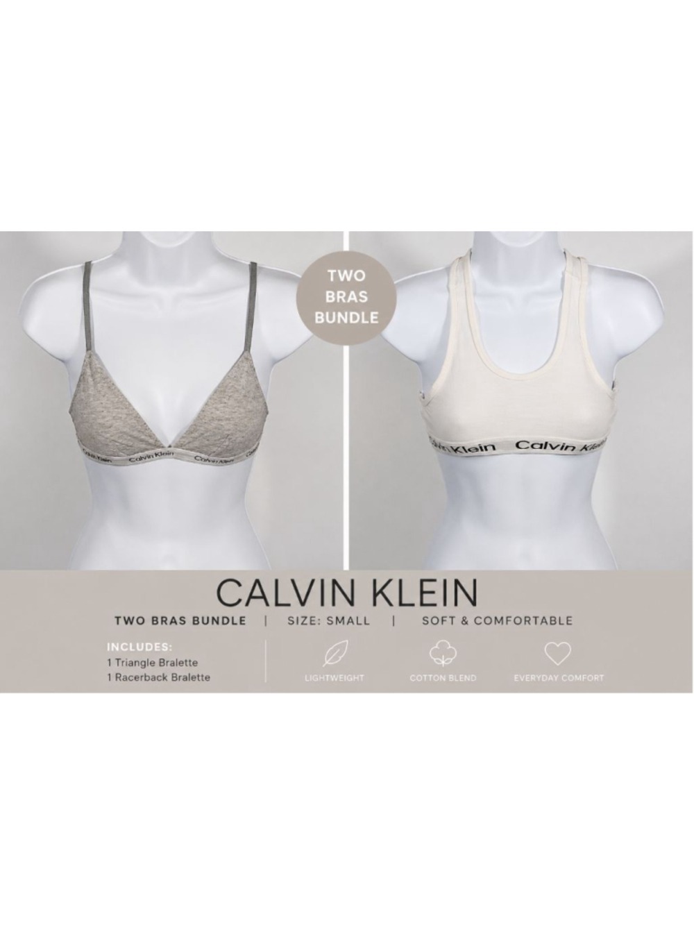 Calvin Klein Bra Bundle 2 Small Bralettes Gray Heather Ivory Logo Band